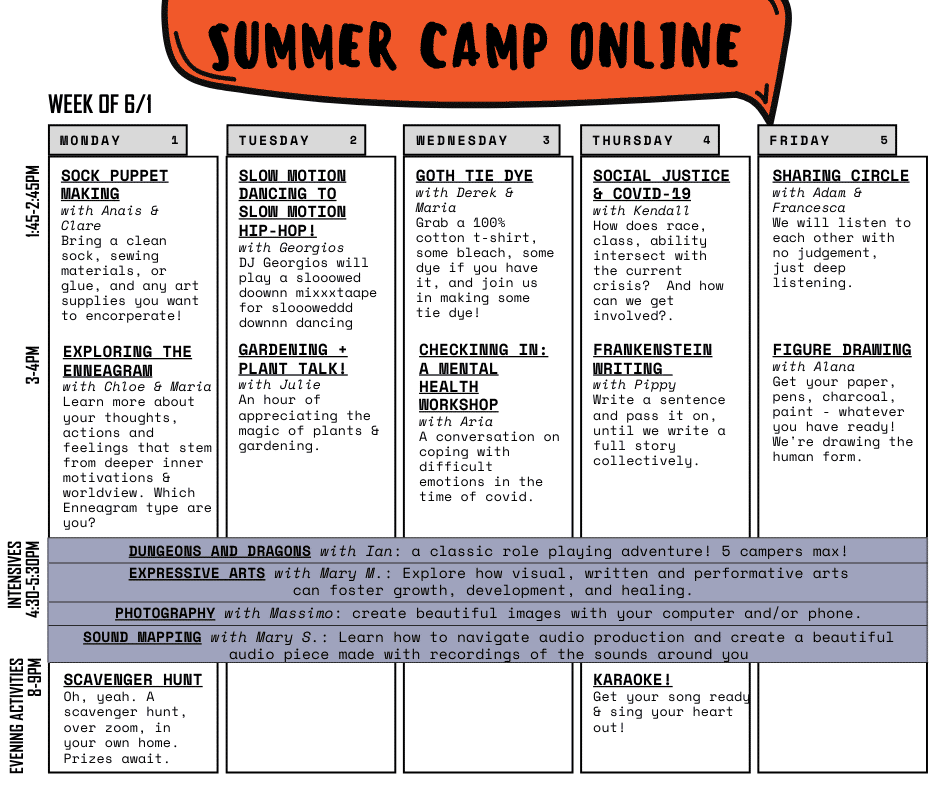 Summer Camp Online Schedule