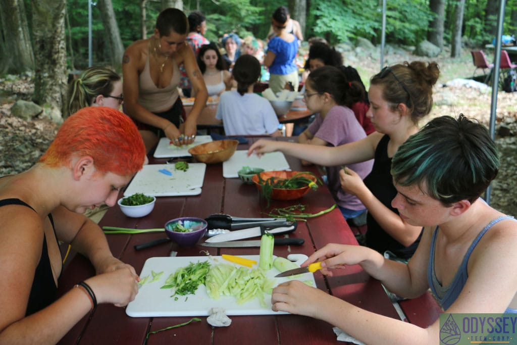 Campers chop vegetables during cooking class at camp.