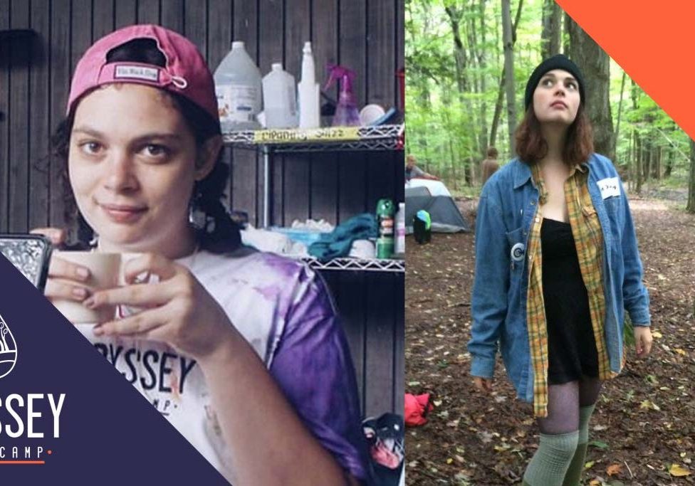 Phoebe in the art hut and adjacent image of her in the woods